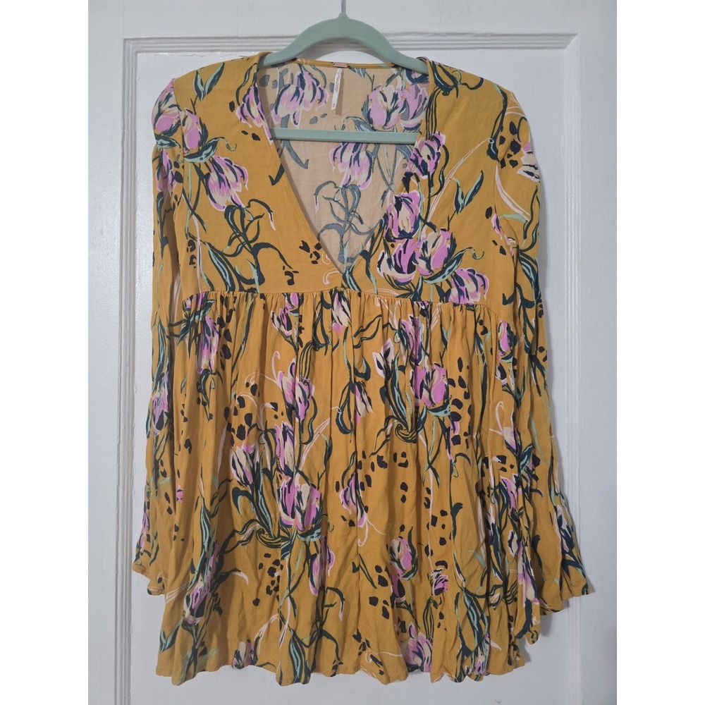 Free People Yellow Floral V-neck Rayon Baby Doll Dress Long Sleeves Size XS